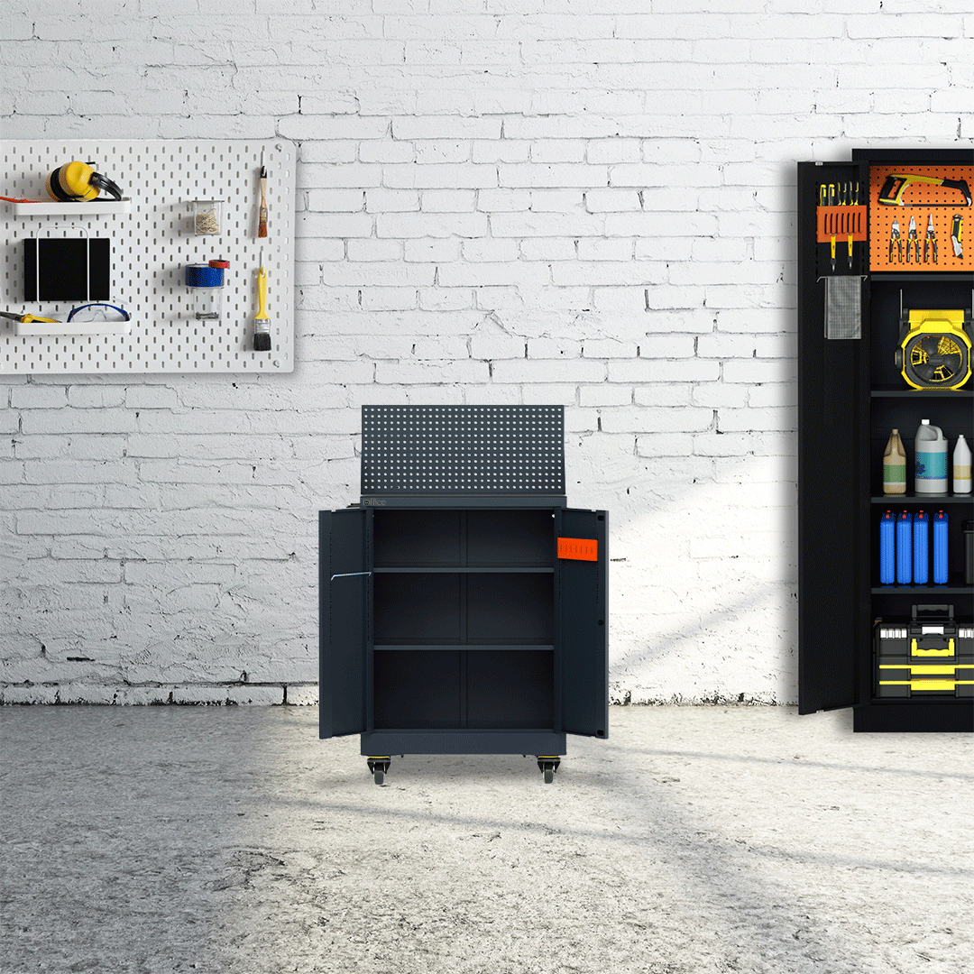 Carro de herramientas iOffice, Acero, 2 Estantes ajustables + Tablero perforado, Ruedas pesadas, Color Negro.
