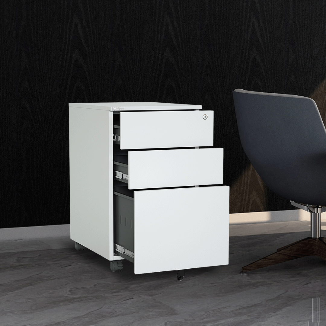 Archivador Móvil iOffice (Gavetero) 3 Gavetas, Acero, 1 cerradura, 2 llaves, Color Blanco.
