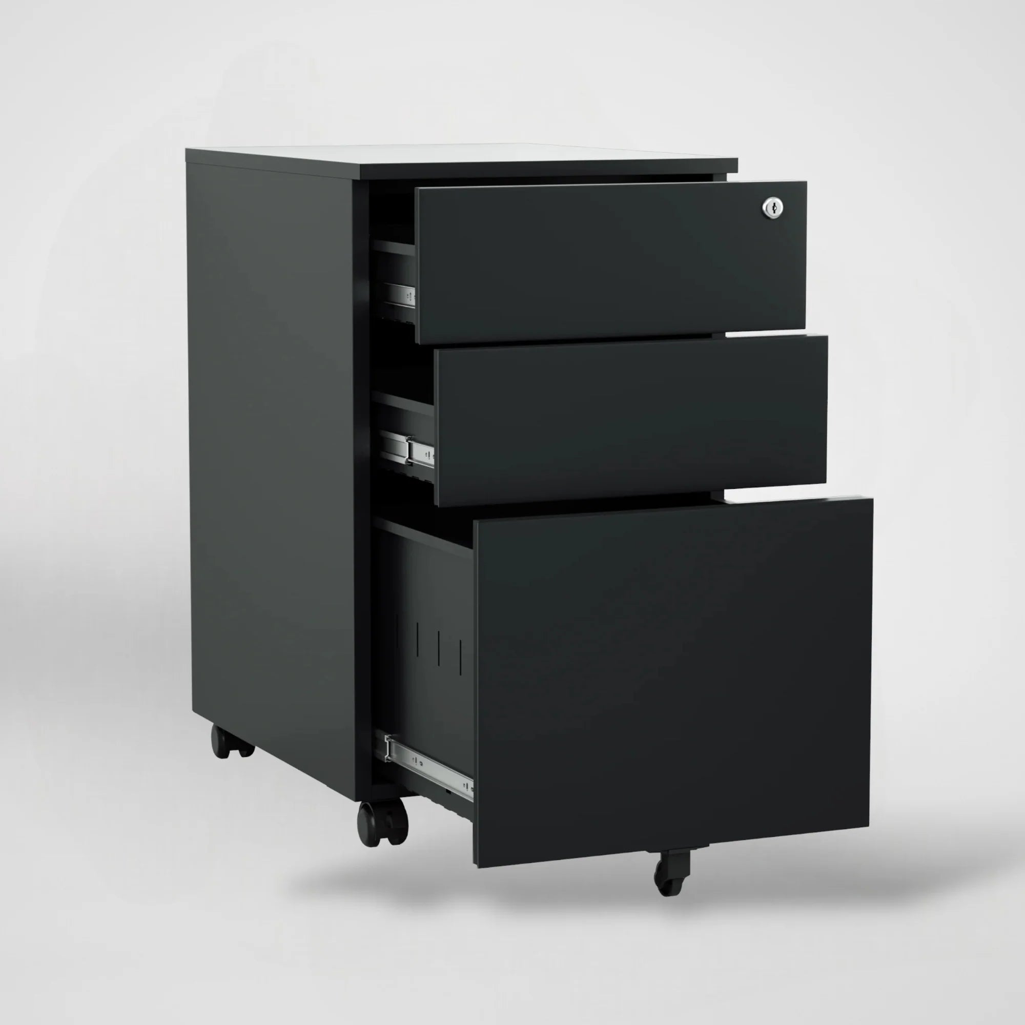 Archivador Móvil iOffice (Gavetero) 3 Gavetas, Acero, 1 cerradura, 2 llaves, Color negro.