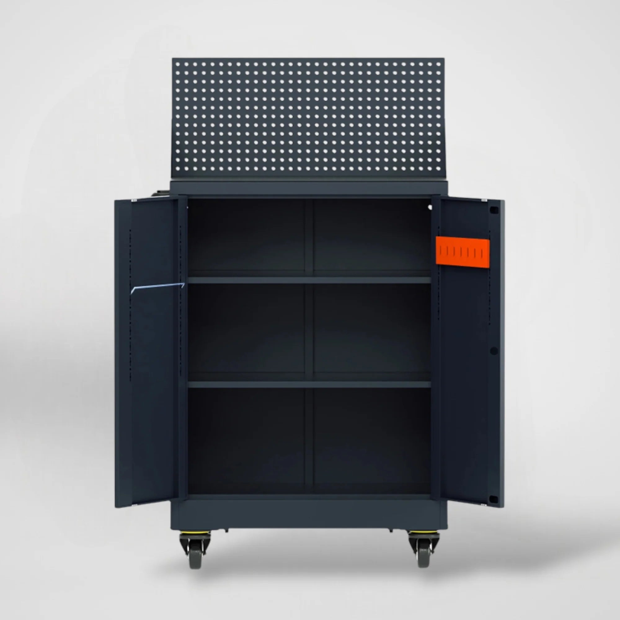 Carro de herramientas iOffice, Acero, 2 Estantes ajustables + Tablero perforado, Ruedas pesadas, Color Negro.