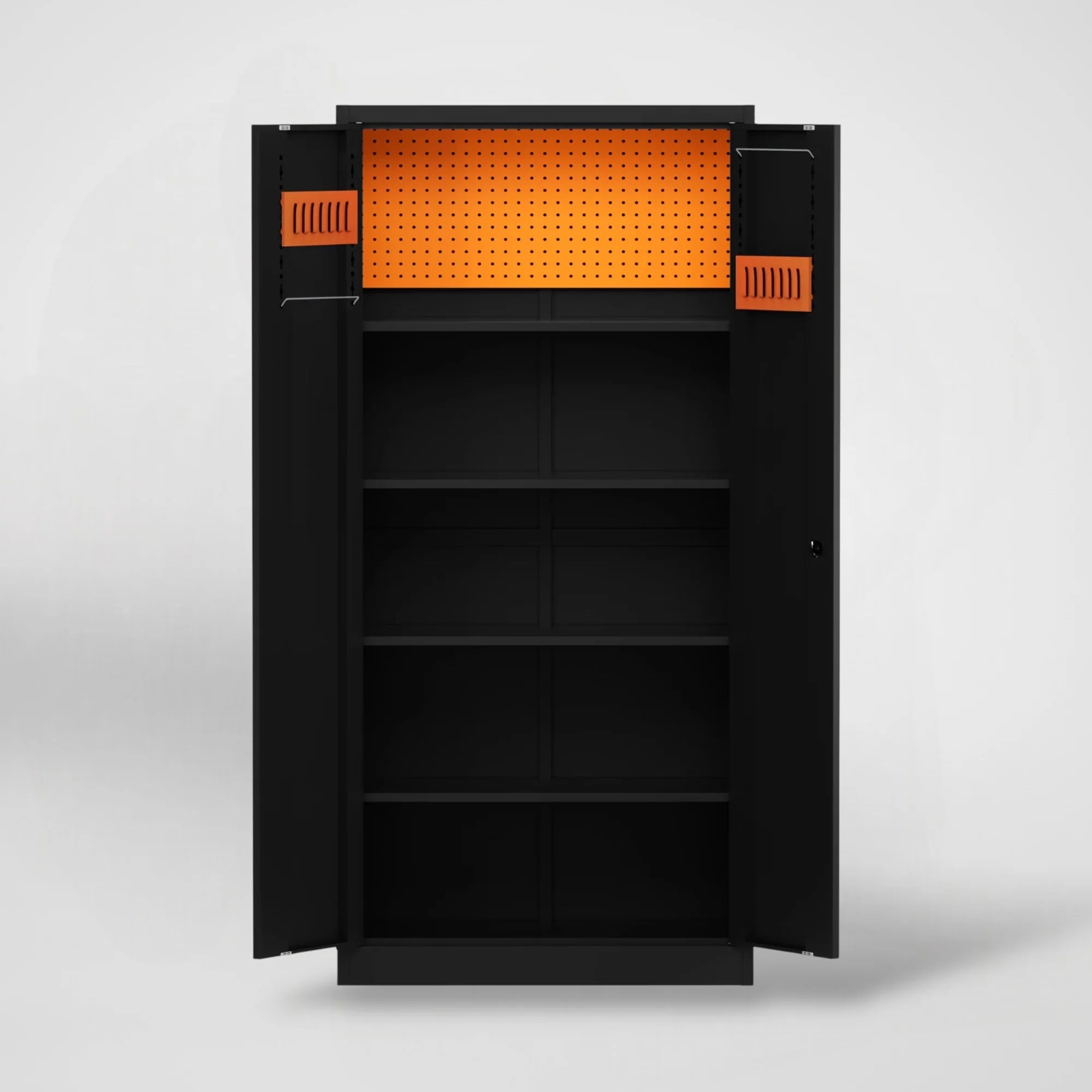 Armario de Herramientas iOffice, Acero, 4 Estantes ajustables + Tablero perforado, Color negro.