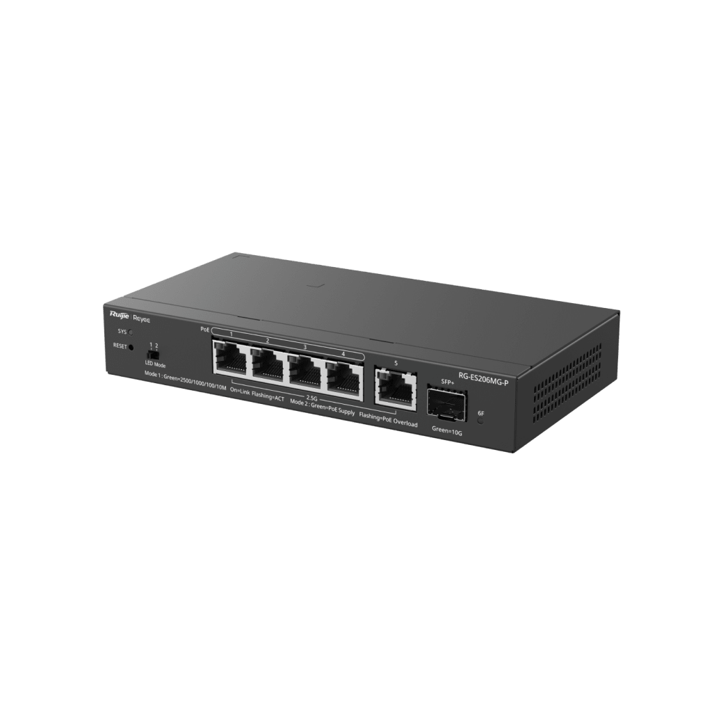 Switch Ruijie administrable capa 2 PoE+ con 5 puertos multi-gigabit 2.5 gb hasta 70W PoE 802.3 AF/AT RGES206MGP