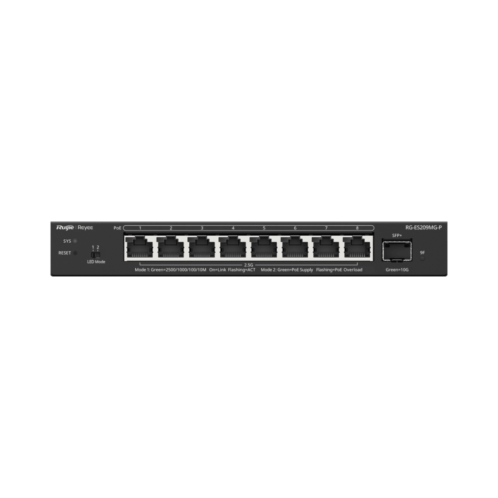 Switch Ruijie administrable capa 2 con PoE+ multigigabit, 8 puertos 2.5 gb y 1 SFP+ 10G, hasta 130 W RGES209MGP