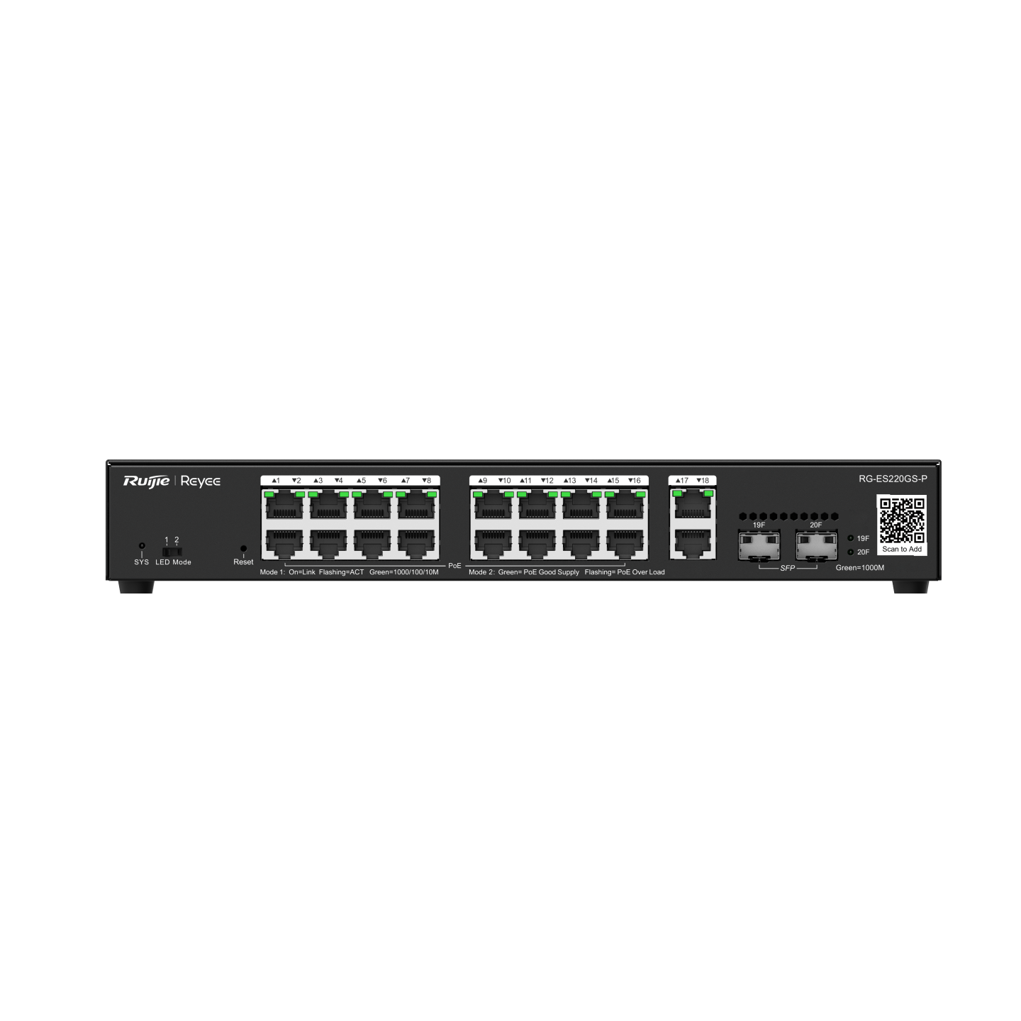 Switch PoE Ruijie administrable, 20 puertos gigabit, 16 PoE, 250 W RGES220GSP