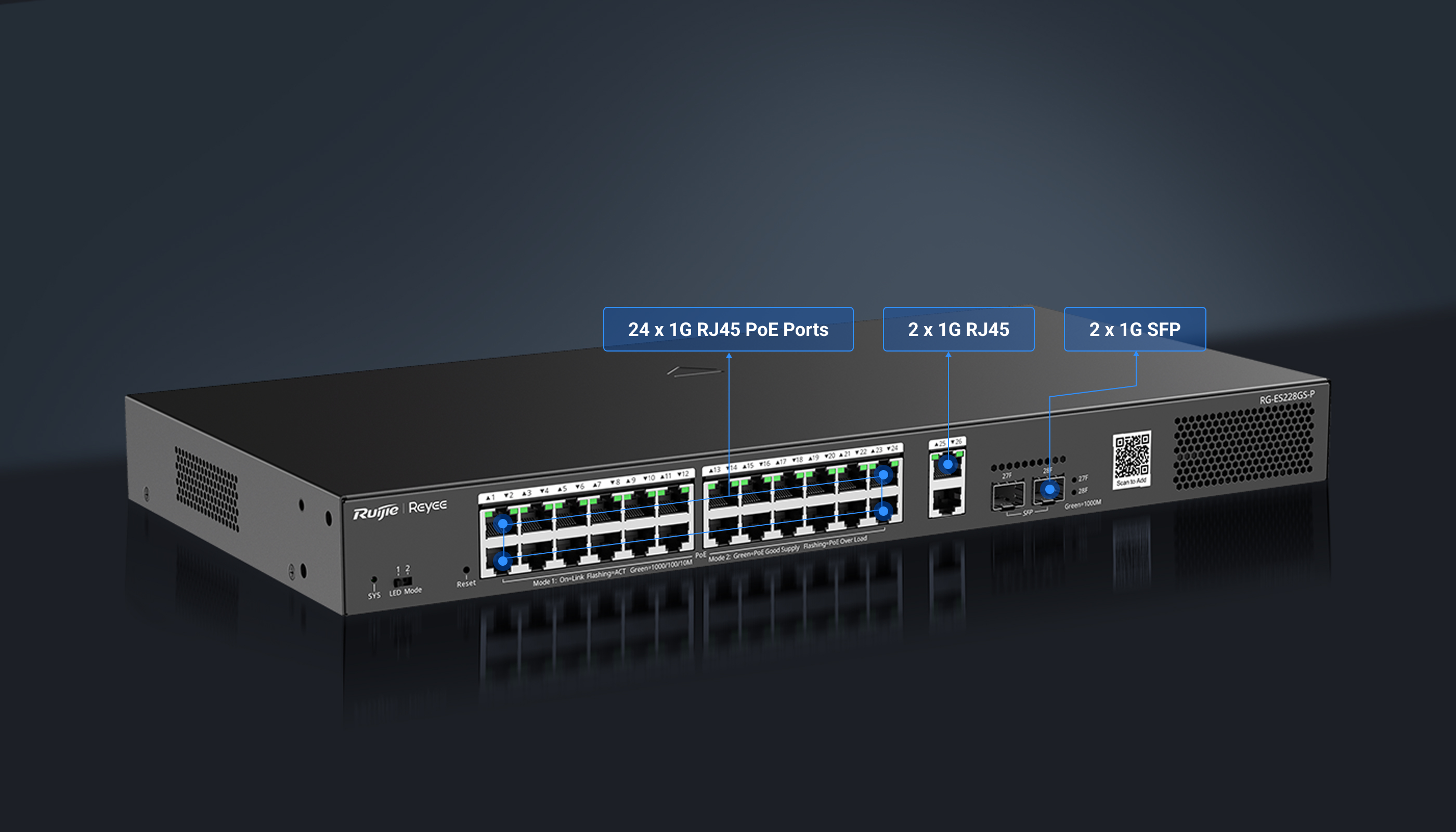 Switch Ruijie PoE administrable, 28 puertos gigabit, 370 W, reconocimiento de cámaras IP, 56 Gbps RGES228GSP