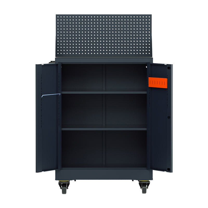 Carro de herramientas iOffice, Acero, 2 Estantes ajustables + Tablero perforado, Ruedas pesadas, Color Negro.