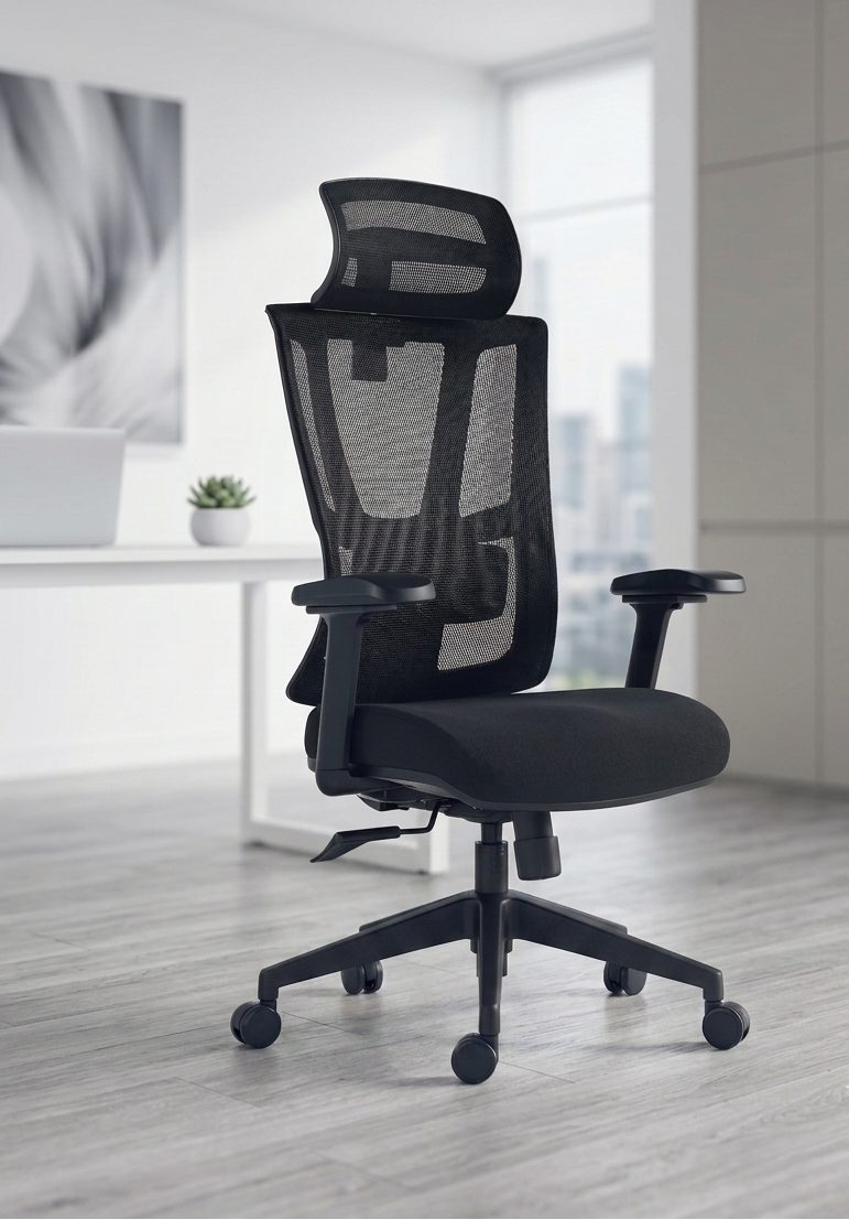 Silla ejecutiva respaldo alto, acabado en tela y malla negra, reposacabezas 2D, apoyabrazos | IOFF-M710