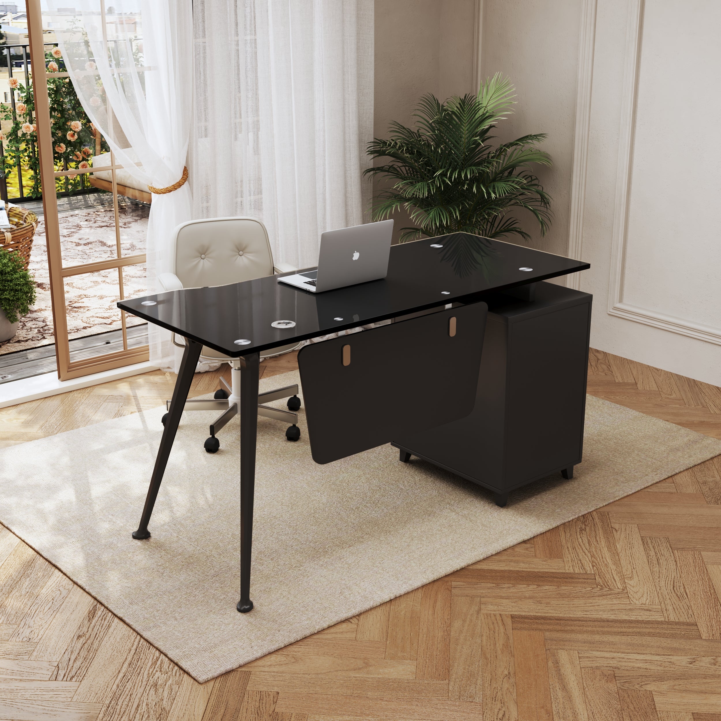 ESCRITORIO SIT COLOR NEGRO, BASE CUADRADA VIDRIO TEMPLADO, 3 GAVETAS, W120CM x D60CM x H75CM