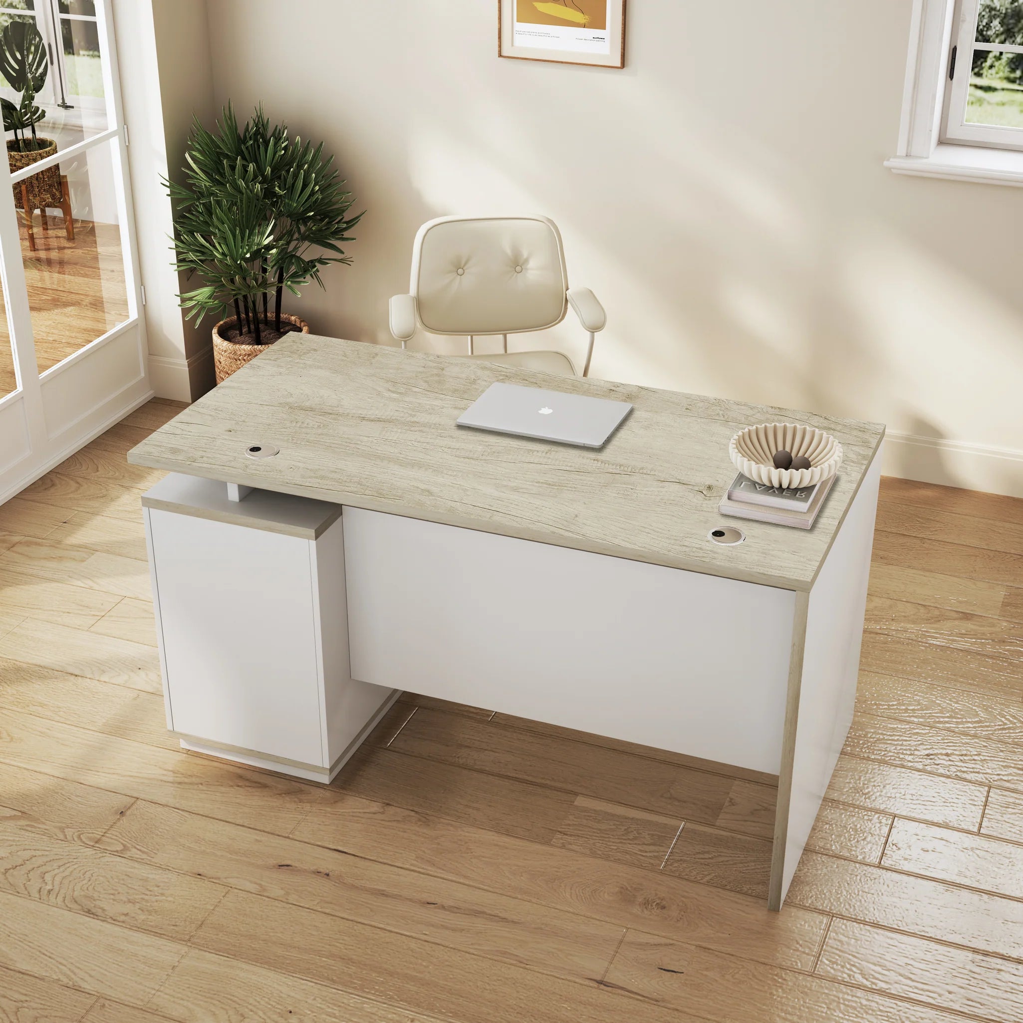 Escritorio de Oficina SIT, Base de Metal, 3 Cajones, Gestión de Cables, Color Beige + Blanco.