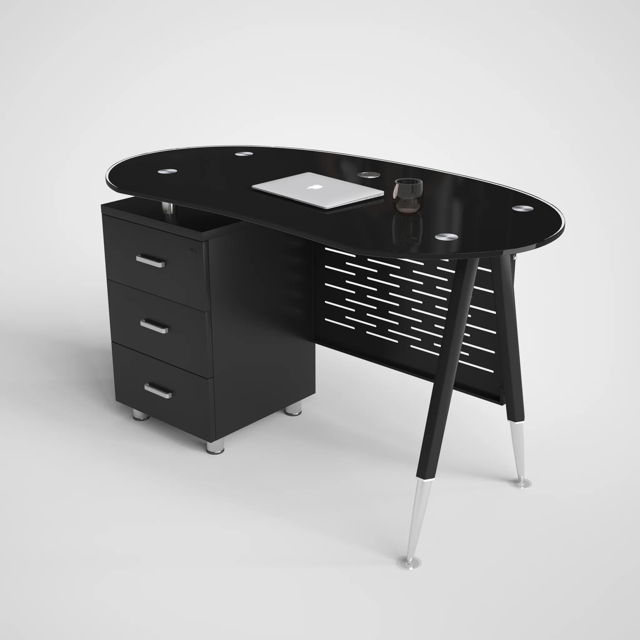 Escritorio de Oficina SIT, Color Negro, Base Ovalada de Vidrio con 3 Cajones.