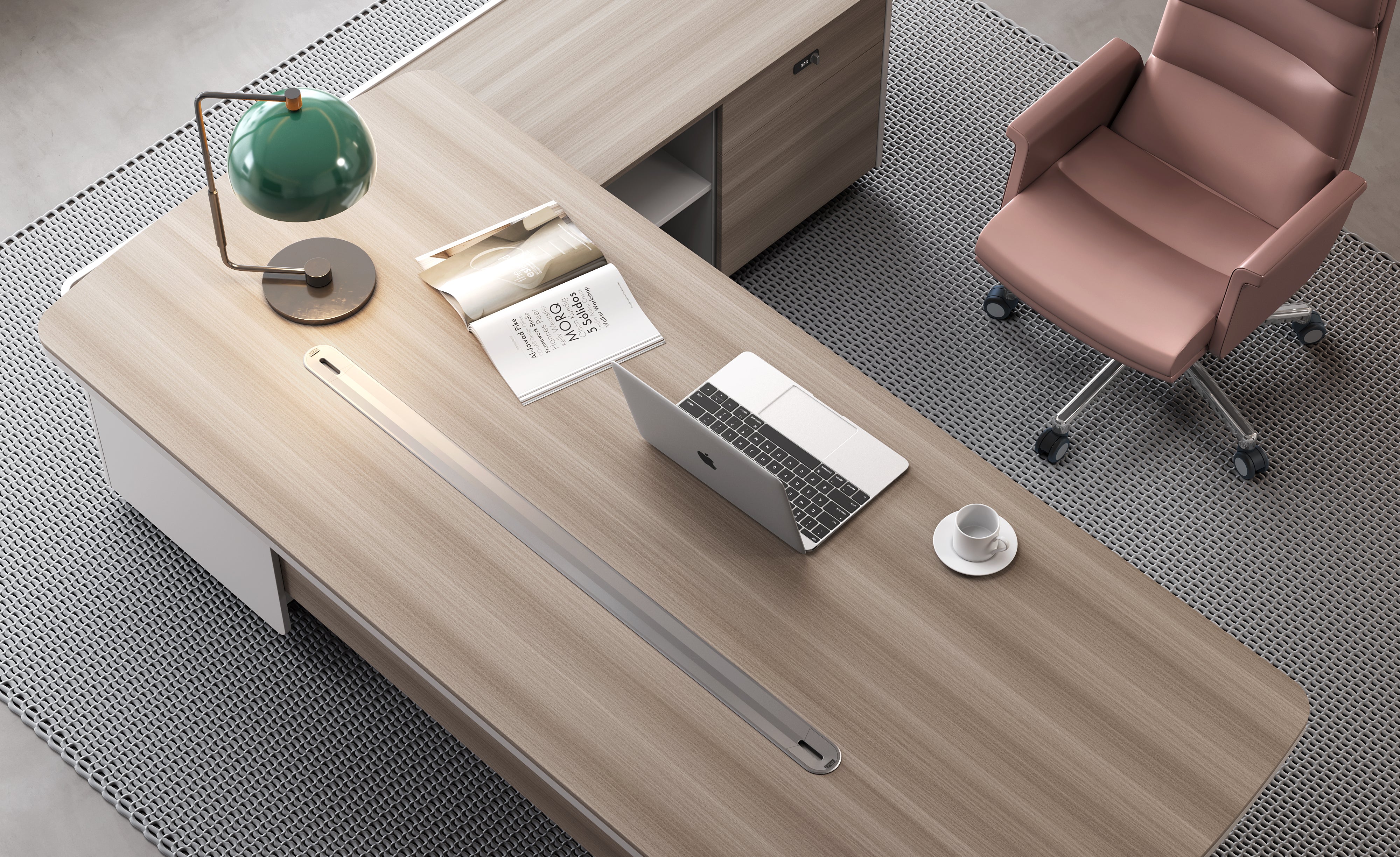 Escritorio madera real y gris en forma de L