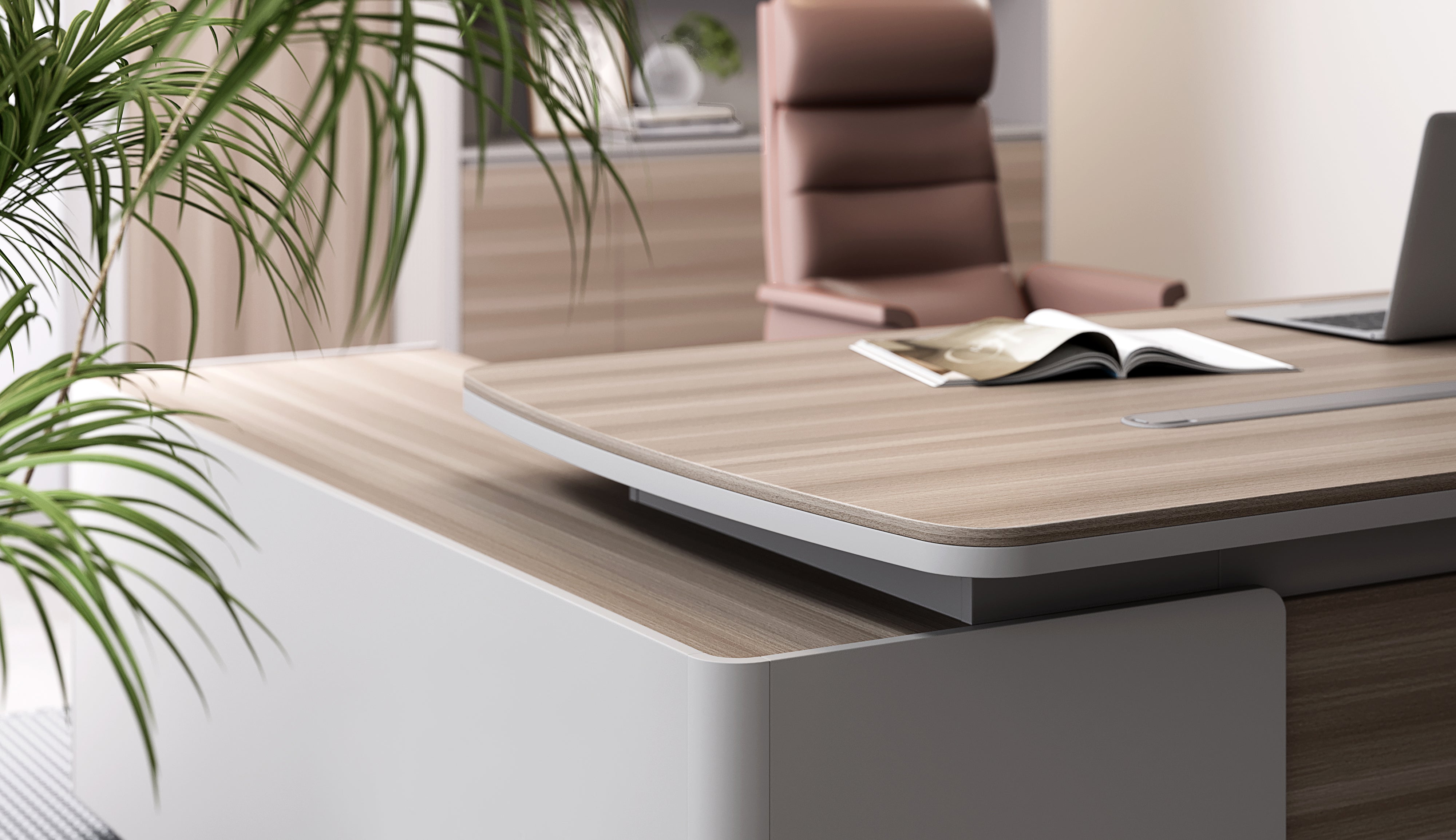 Escritorio madera real y gris en forma de L