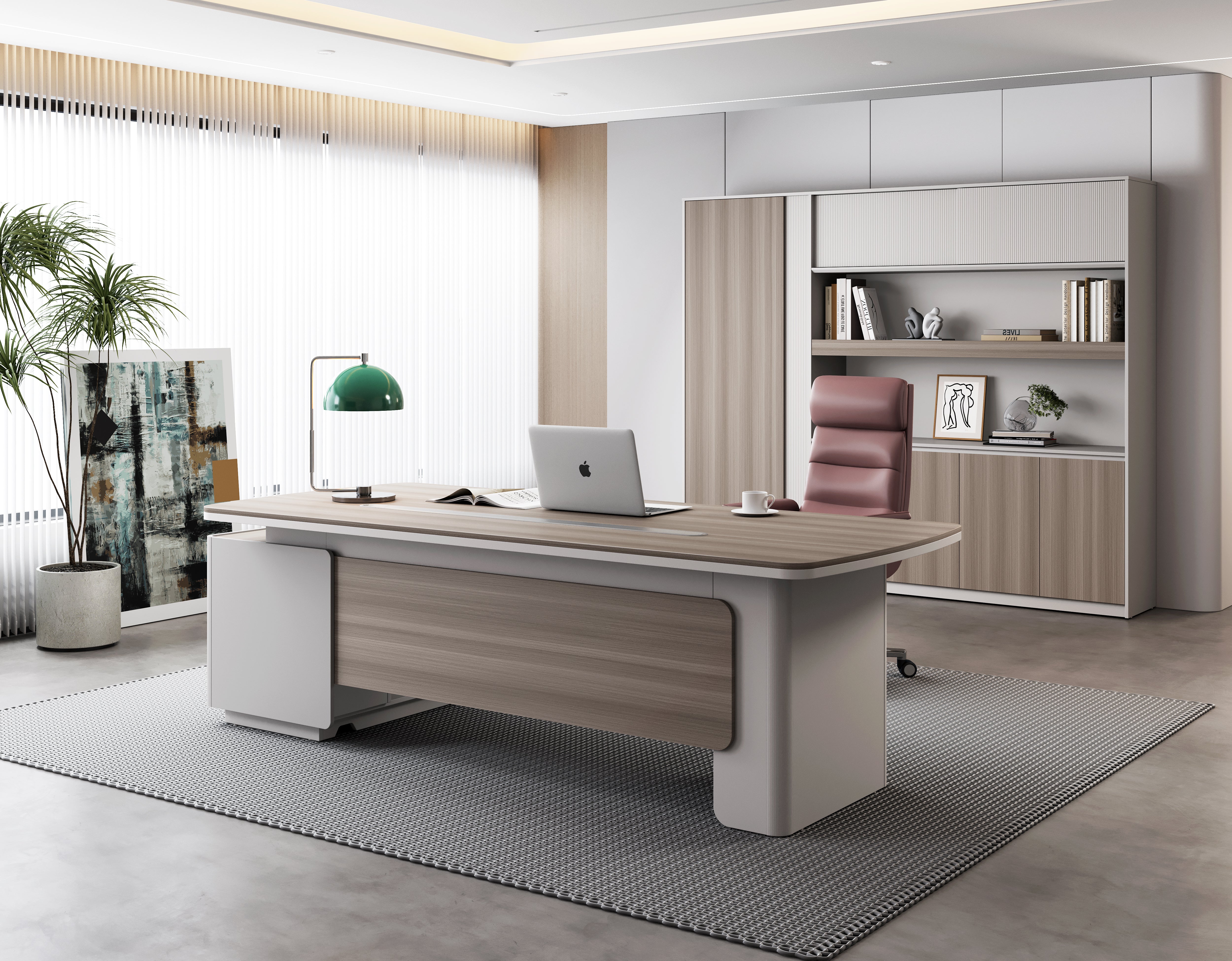 Escritorio madera real y gris en forma de L