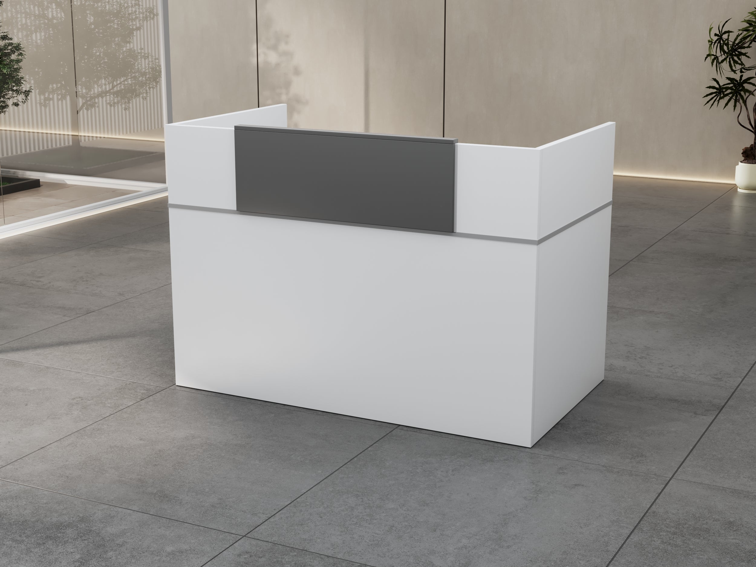 MOSTRADOR DE RECEPCION (COUNTER) SIT, PANEL FRONTAL COLOR CAFE+GRIS, AN140xPRO90xALTO105CM