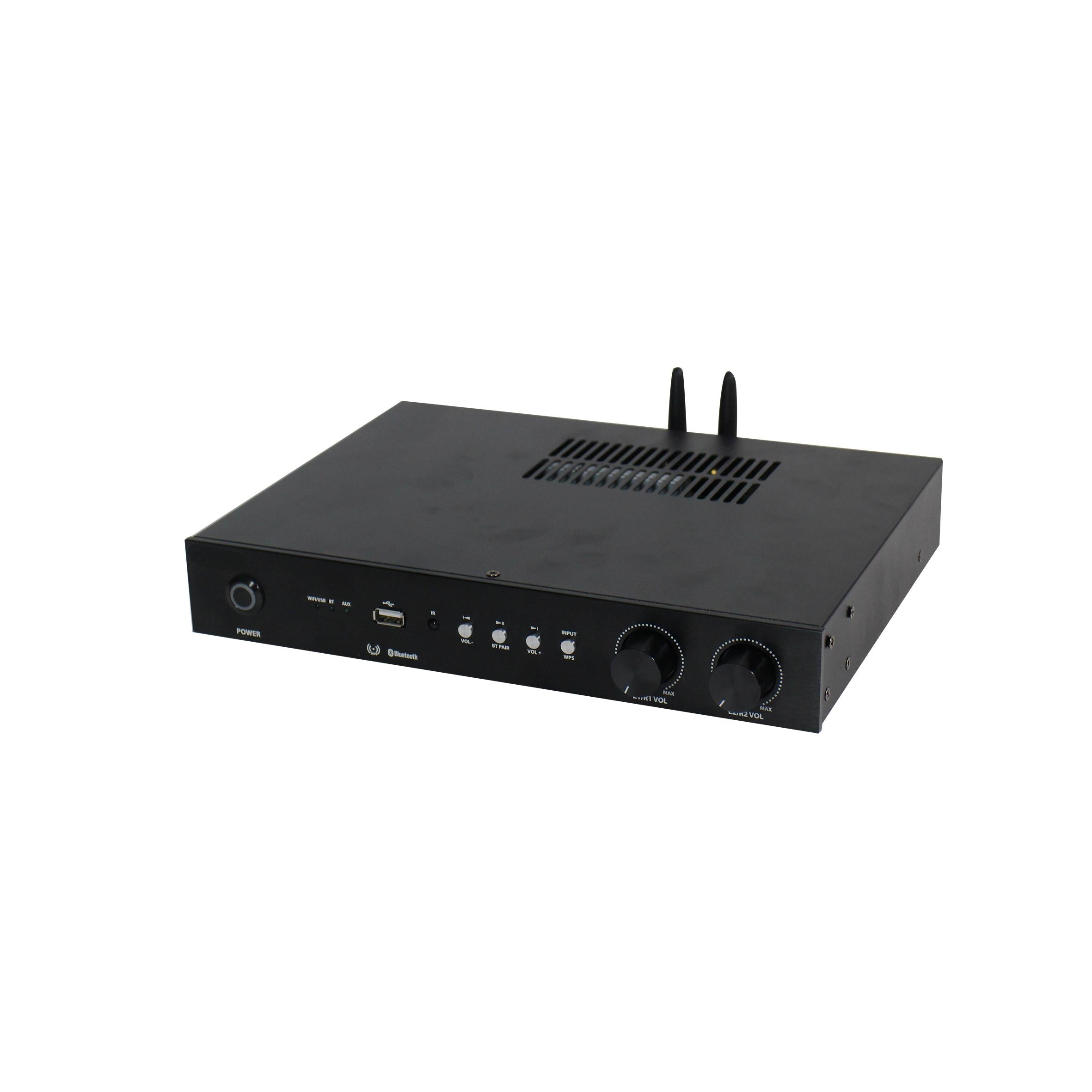 Amplificador SKAUDIO, Wifi, Bluetooth, USB,  AUX, 4 Canales 60W a 4ohms por Canal, 30w a 8ohms Por Canal.