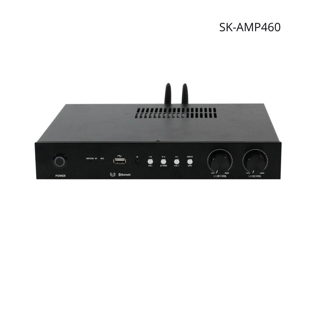 Amplificador SKAUDIO, Wifi, Bluetooth, USB,  AUX, 4 Canales 60W a 4ohms por Canal, 30w a 8ohms Por Canal.