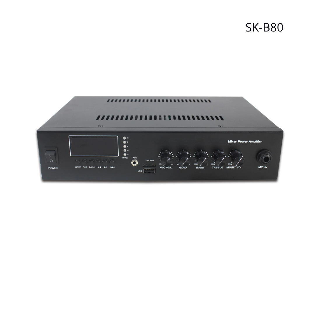 Amplificador SKAUDIO de 80w 100/70v, 40ohms, Bluetooth, USB, Función de Respaldo, 12/24 VDC.