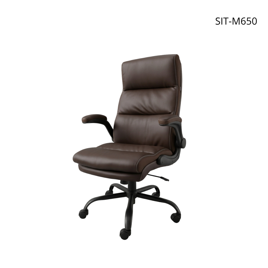 Silla SIT ejecutiva con respaldo alto, mecanismo, reposabrazos, marrón piel sintética. SIT-M650