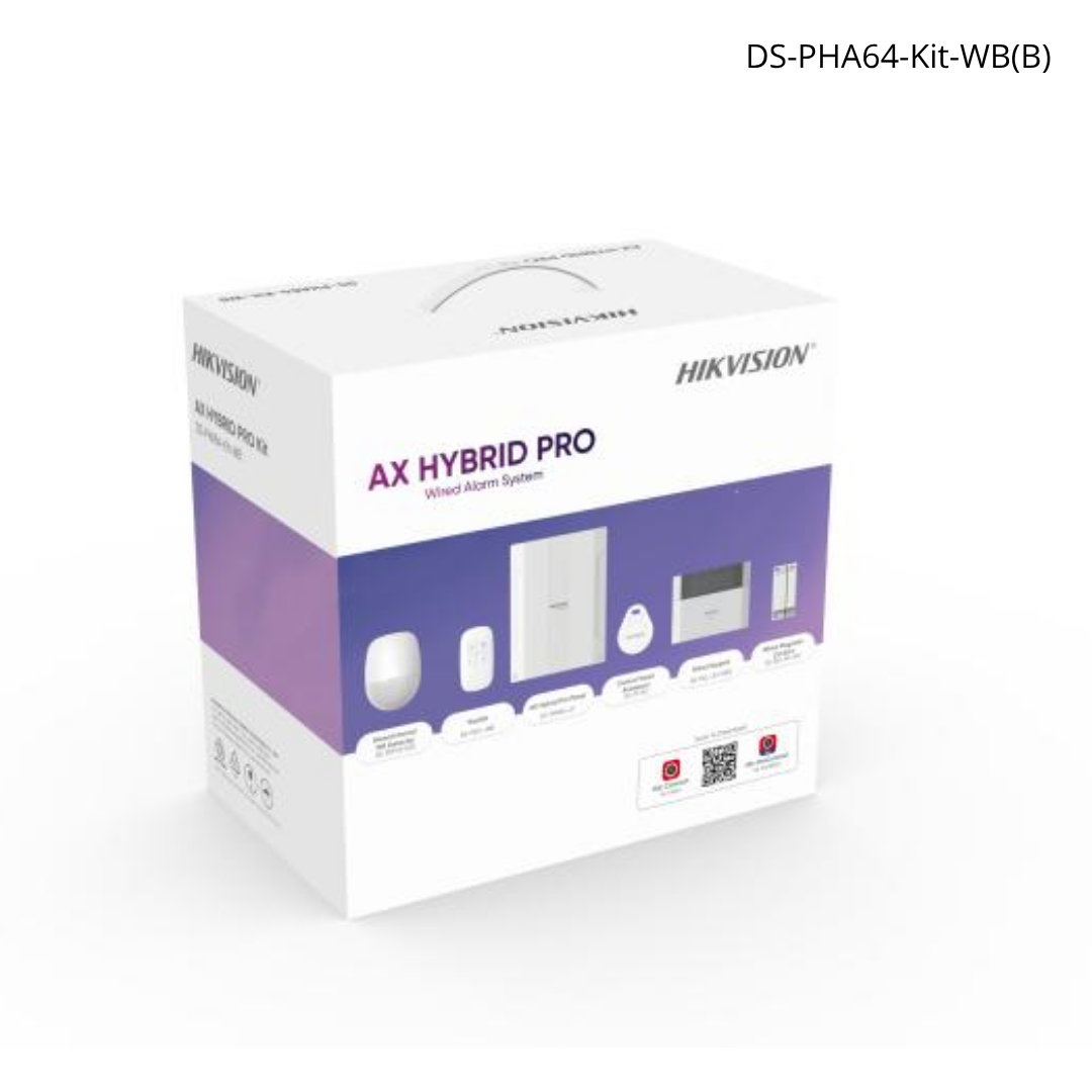 Kit panel alarma AX HYBRYD PRO 64 zonas teclado, sensor magnético, PIR, botón inalámbrico, tag | DS-PHA64-Kit-WB(B)