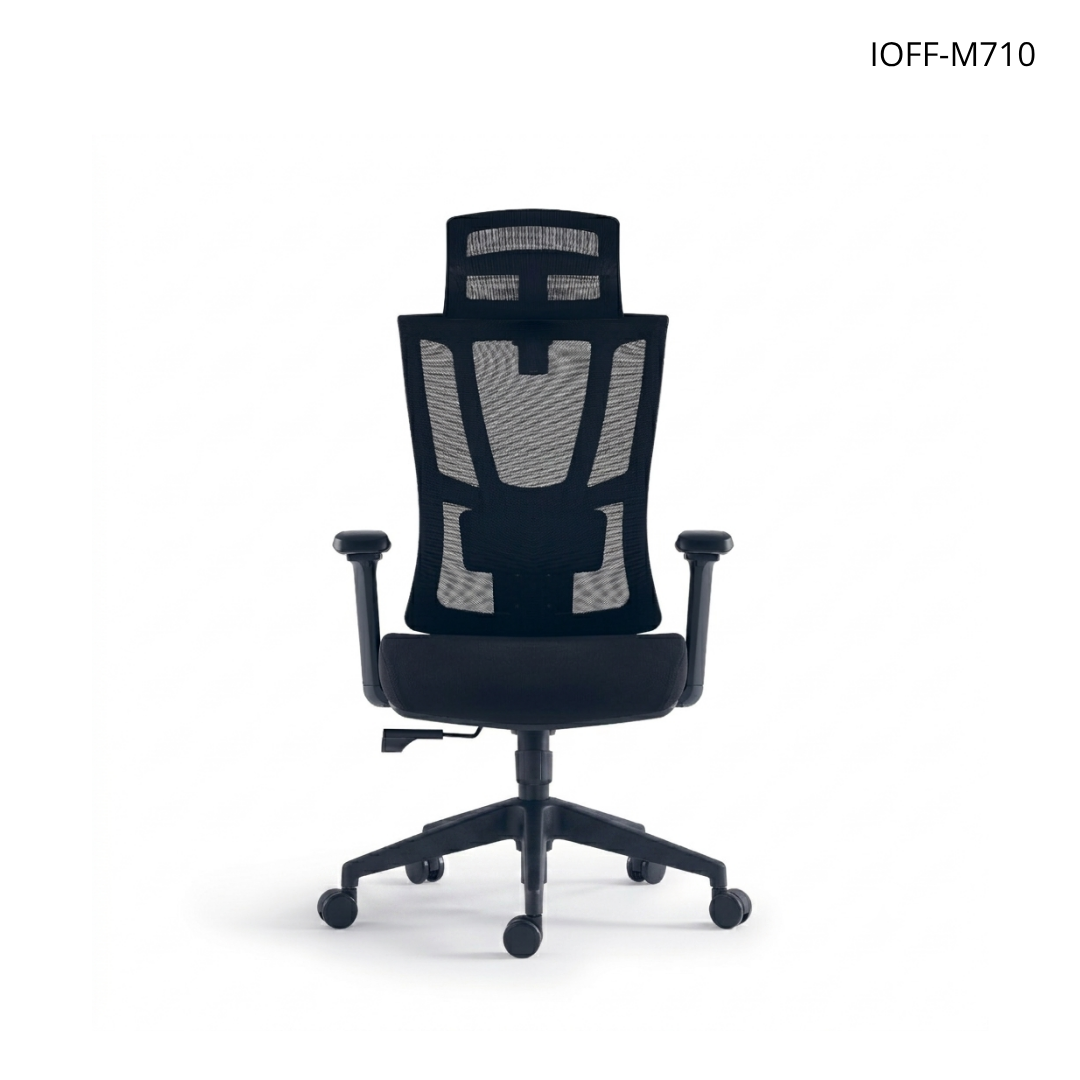 Silla ejecutiva respaldo alto, acabado en tela y malla negra, reposacabezas 2D, apoyabrazos | IOFF-M710