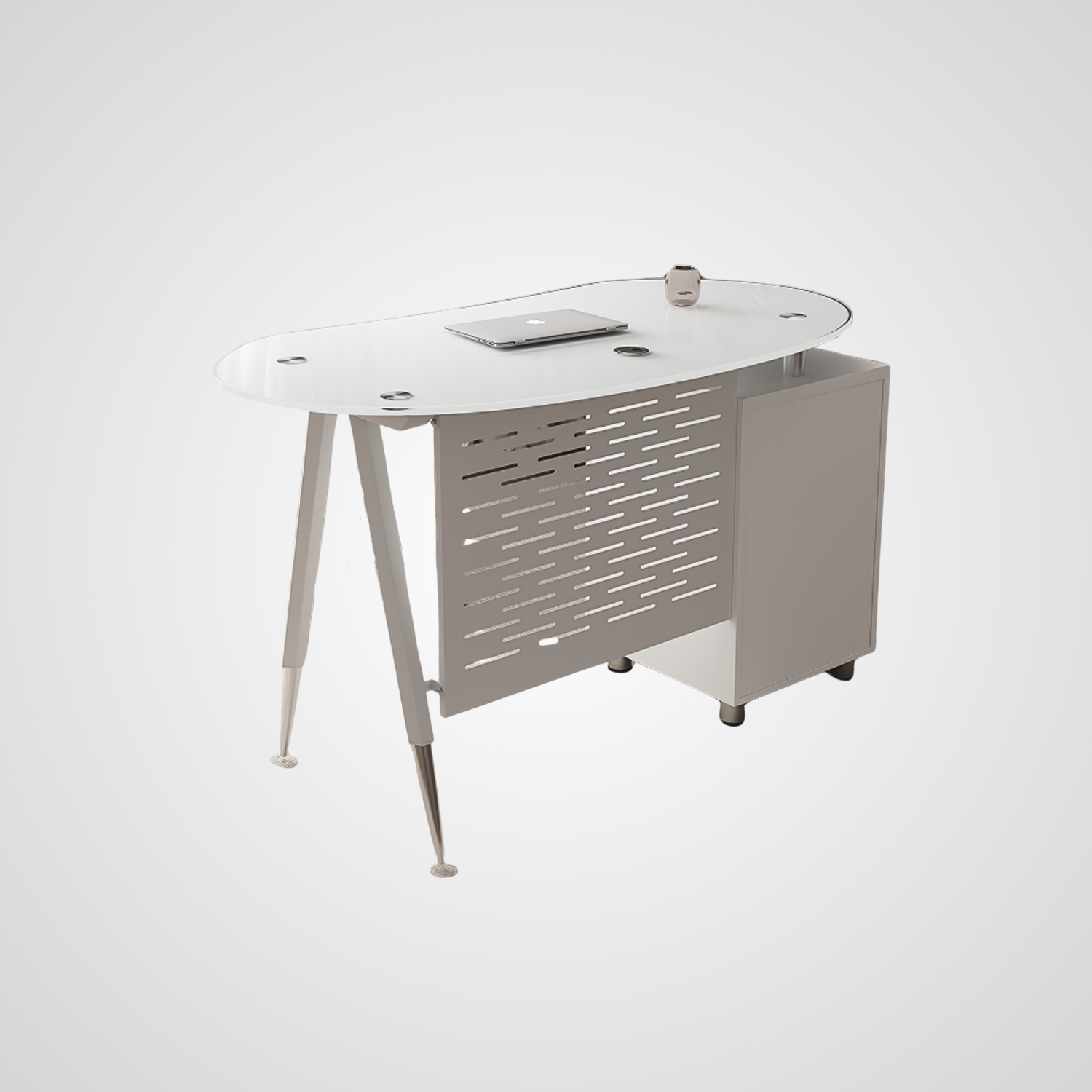 Escritorio de Oficina SIT, Color Negro, Base Ovalada de Vidrio con 3 Cajones.