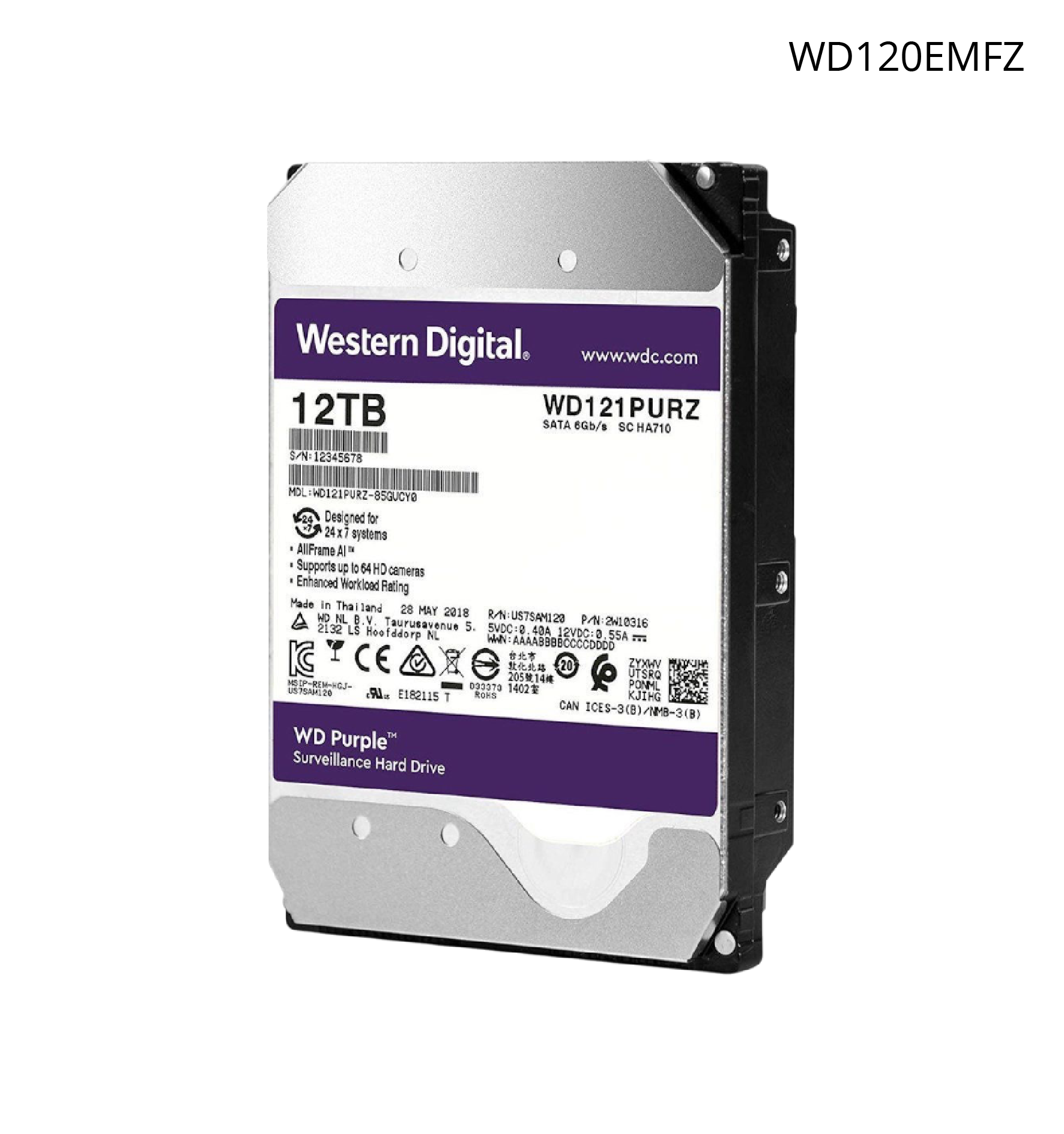 Disco Duro WD de 12 TB, Optimizado para Soluciones de Videovigilancia, Uso 24/7.