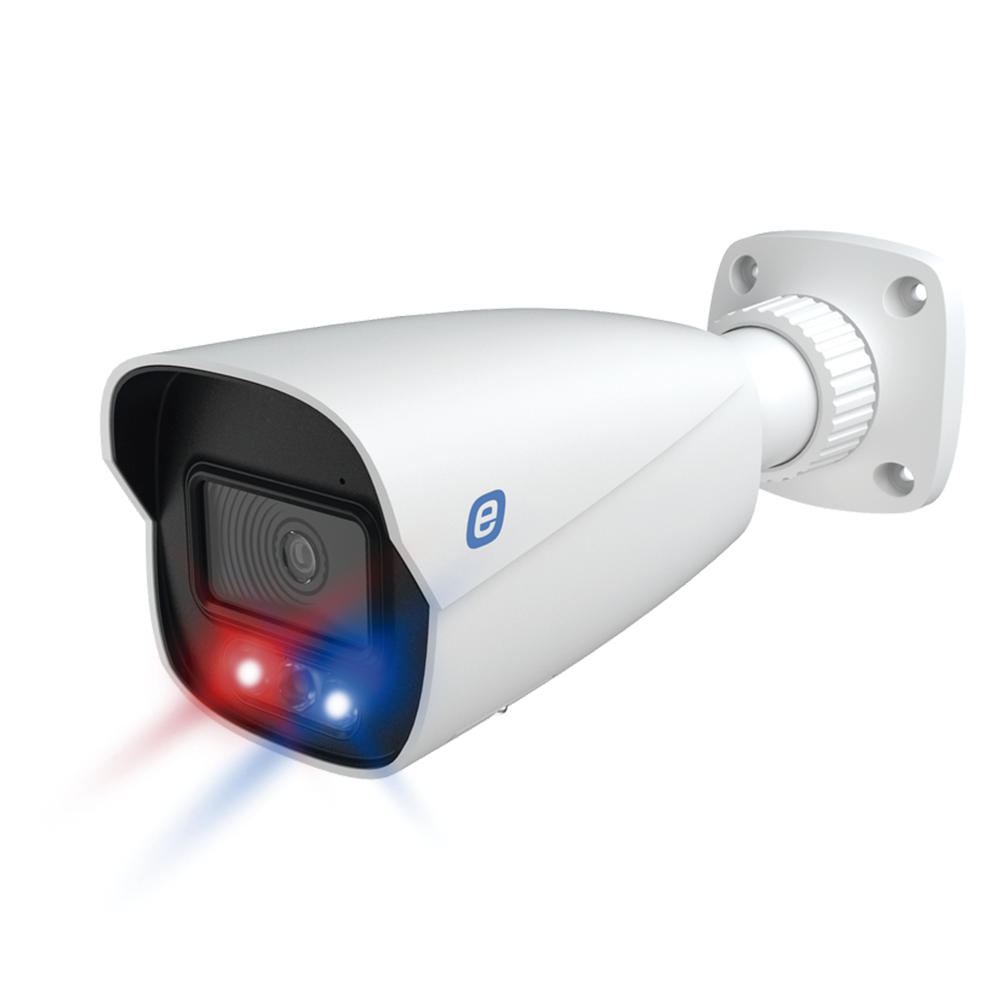Cámara E-Series GEN3, Bala IP 8MP, Imagen a color 24/7, 30 MTS, IP66, Metal, Estrobo rojo y azul, Sirena Integrada, Audio de dos vías, NDAA.