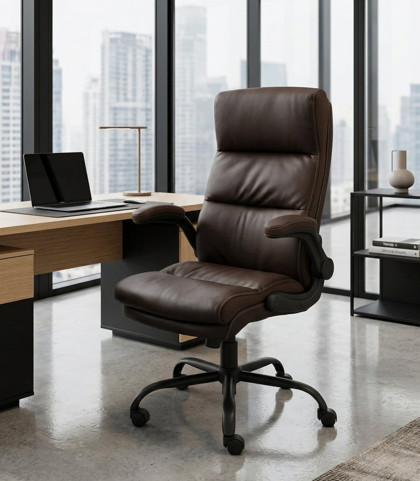Silla SIT ejecutiva con respaldo alto, mecanismo, reposabrazos, marrón piel sintética. SIT-M650