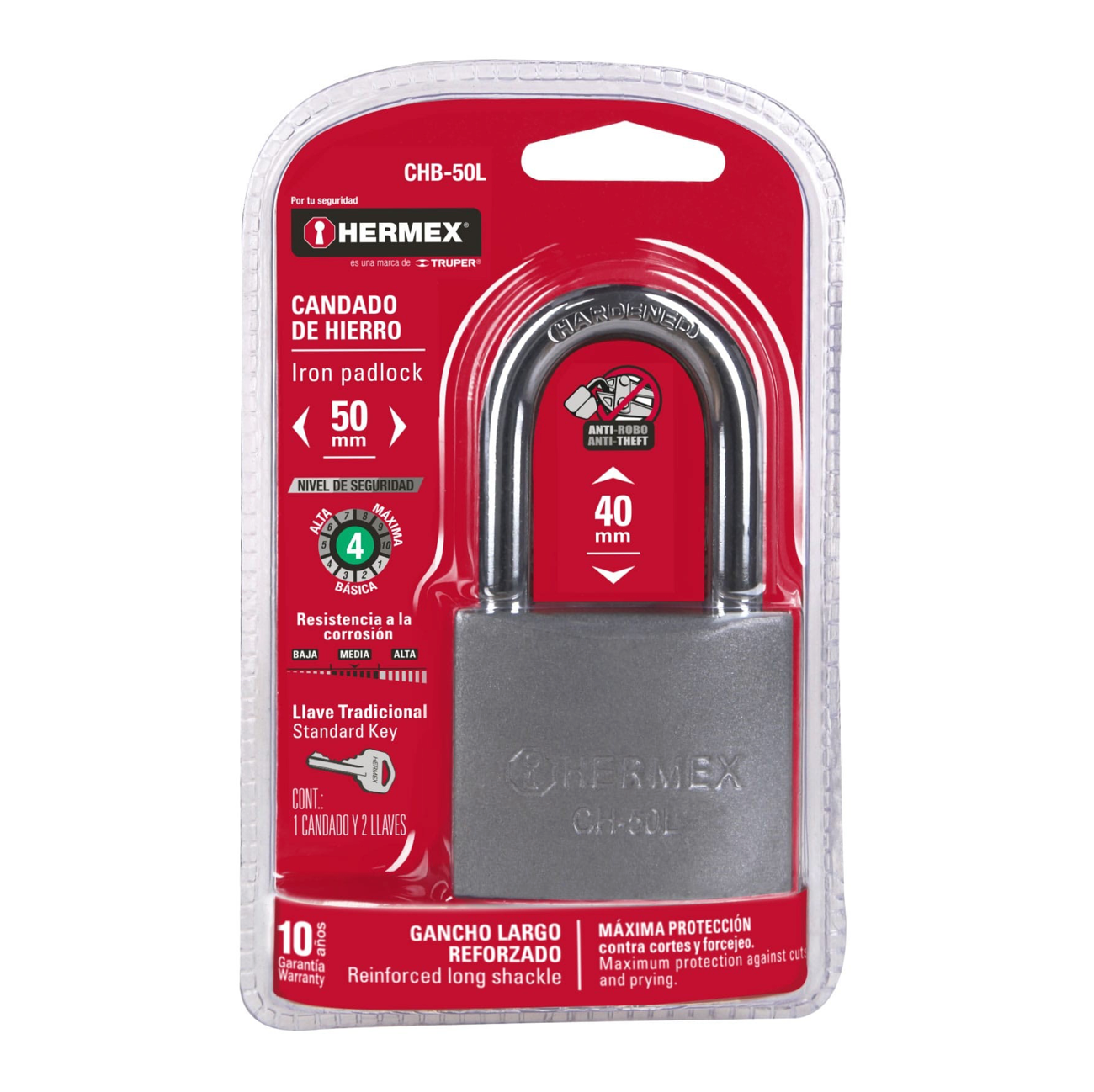 Candado de Hierro Hermex 50MM / Gancho Largo.